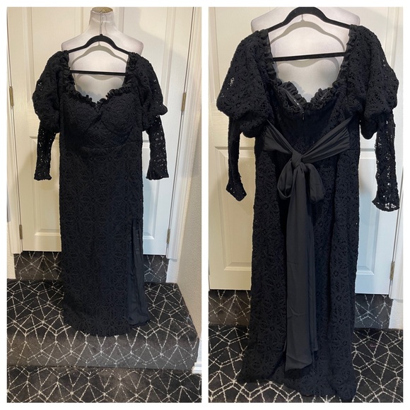 ASOS LUXE Curve off shoulder crochet bardot midi dress with bow back in black - Picture 4 of 10